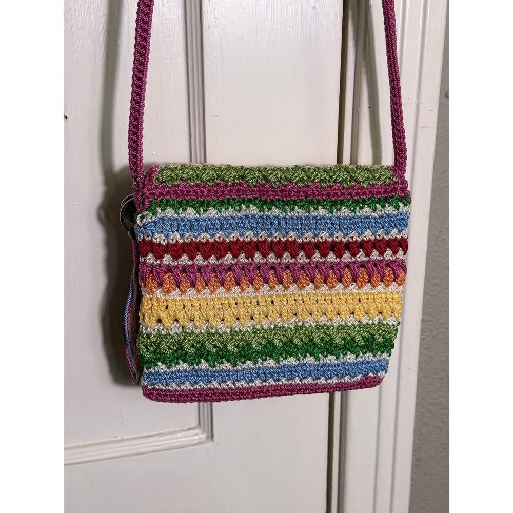The Sak Crochet Crossbody Bag Multicolor Striped Boho Pink Tassel Small Purse - Picture 7 of 7
